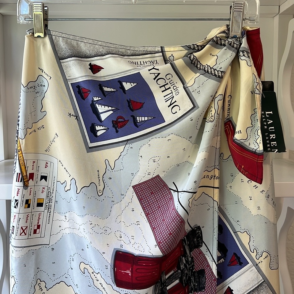 NWT Lauren Ralph Lauren 100% Silk Nautical Yachting Wrap Skirt Vintage Size 8 - Picture 2 of 10